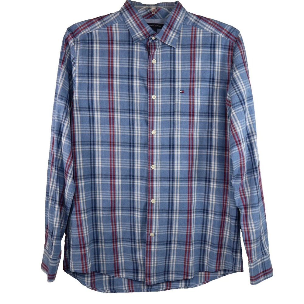 Tommy Hilfiger Shirt Men's Size Medium Blue & Red Plaid Long Sleeve Custom Fit